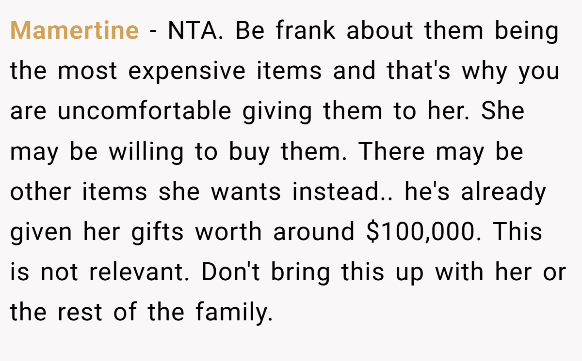 Mamertine − NTA. Be frank about them being the most expensive items and that's why you are uncomfortable giving them to her. She may be willing to buy them. There may be other items she wants instead.. he's already given her gifts worth around $100,000. This is not relevant. Don't bring this up with her or the rest of the family.
