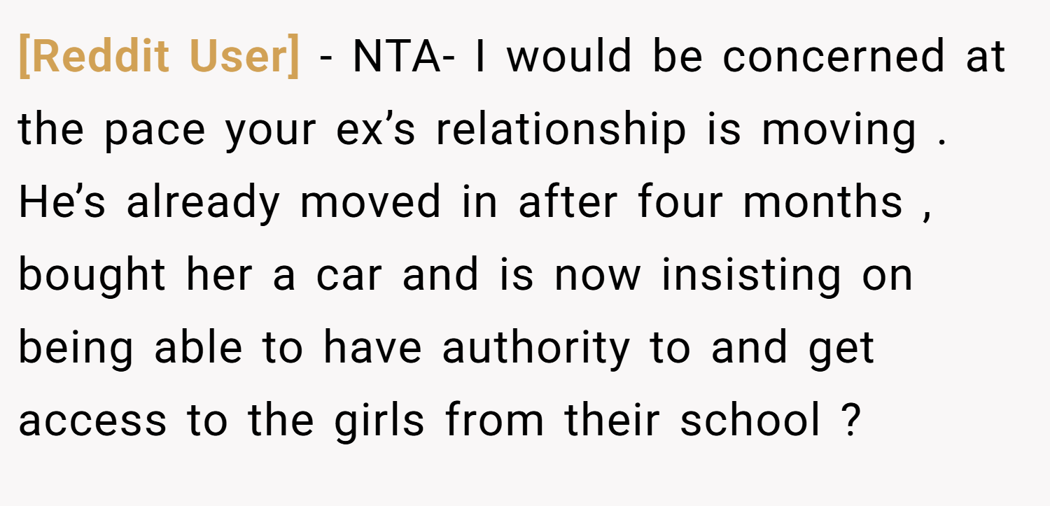 [Reddit User] − NTA- I would be concerned at the pace your ex’s relationship is moving . He’s already moved in after four months , bought her a car and is now insisting on being able to have authority to and get access to the girls from their school ?