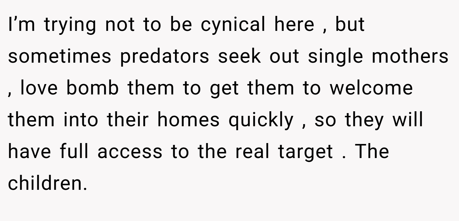 I’m trying not to be cynical here , but sometimes predators seek out single mothers , love bomb them to get them to welcome them into their homes quickly , so they will have full access to the real target . The children.