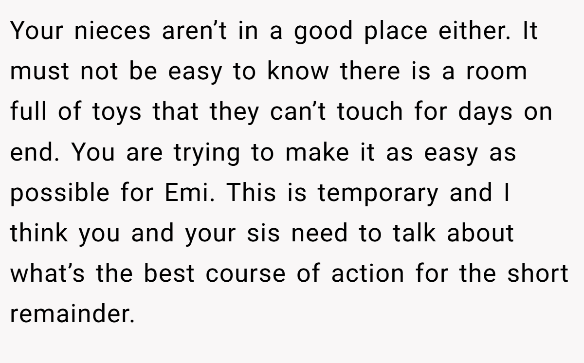 Your nieces aren’t in a good place either. It must not be easy to know there is a room full of toys that they can’t touch for days on end. You are trying to make it as easy as possible for Emi. This is temporary and I think you and your sis need to talk about what’s the best course of action for the short remainder.