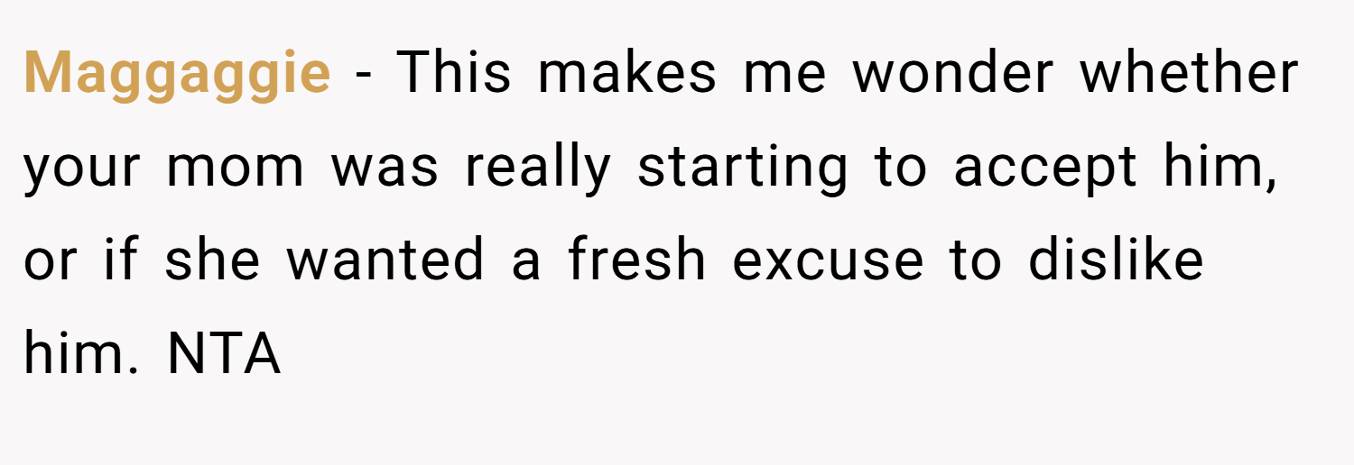 Maggaggie − This makes me wonder whether your mom was really starting to accept him, or if she wanted a fresh excuse to dislike him. NTA