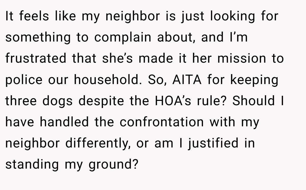 It feels like my neighbor is just looking for something to complain about, and I’m frustrated that she’s made it her mission to police our household. So, AITA for keeping three dogs despite the HOA’s rule? Should I have handled the confrontation with my neighbor differently, or am I justified in standing my ground?