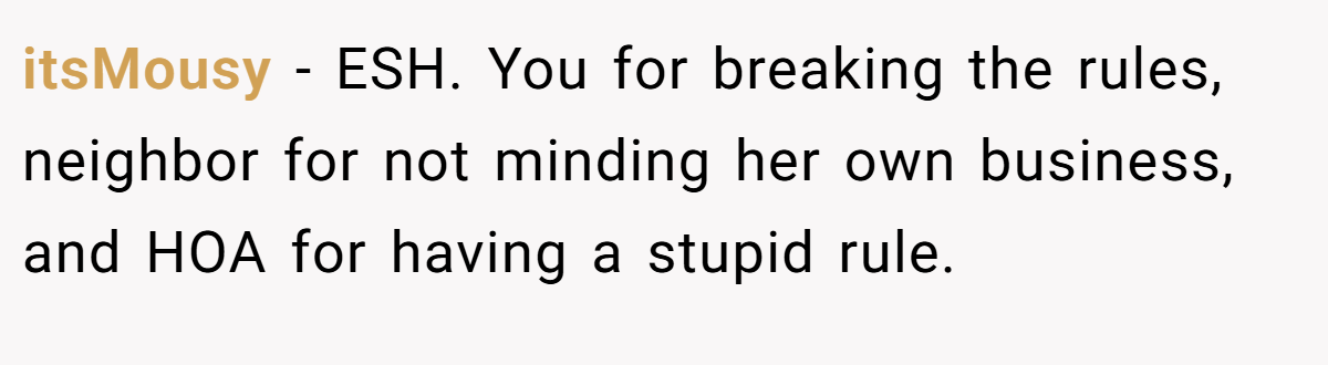 itsMousy − ESH. You for breaking the rules, neighbor for not minding her own business, and HOA for having a stupid rule.