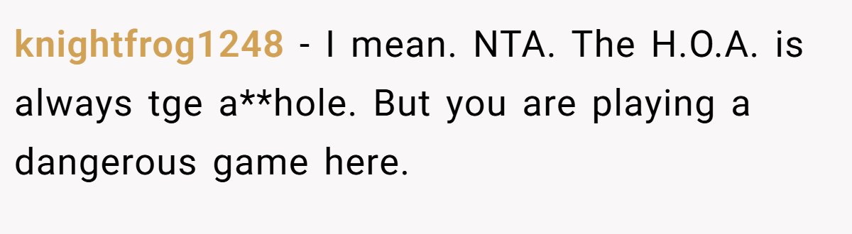 knightfrog1248 − I mean. NTA. The H.O.A. is always tge a**hole. But you are playing a dangerous game here.