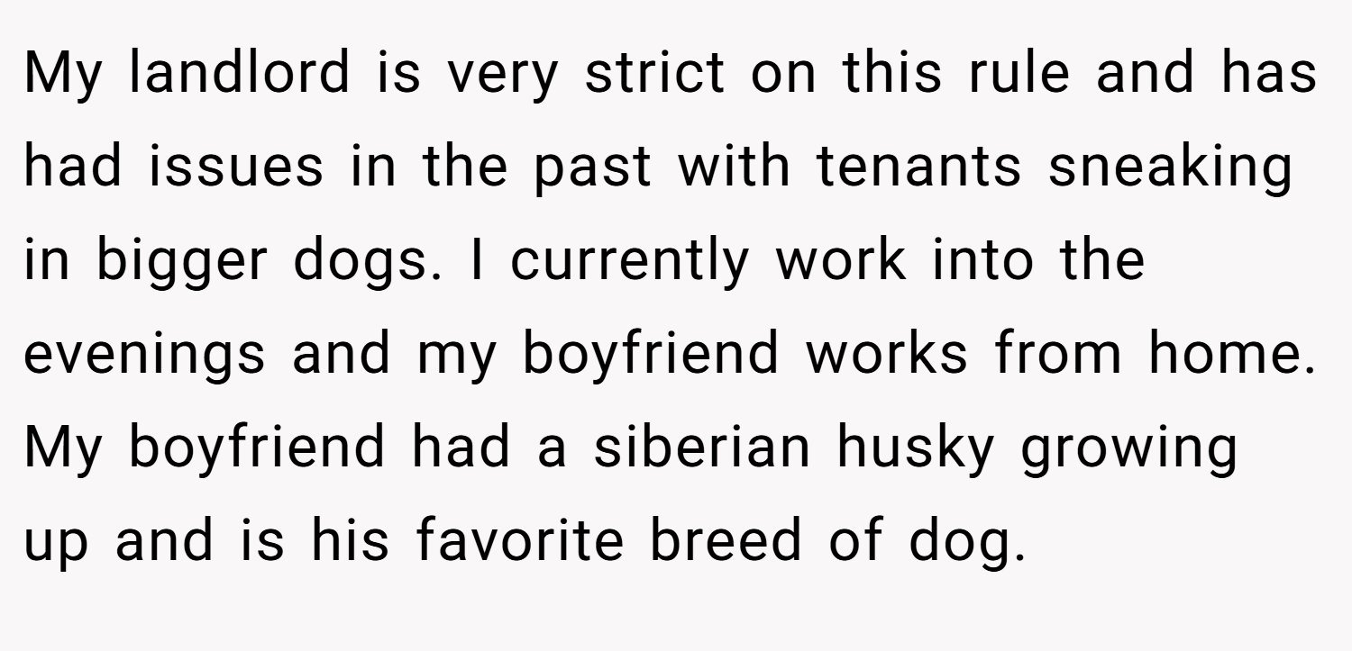 My landlord is very strict on this rule and has had issues in the past with tenants sneaking in bigger dogs. I currently work into the evenings and my boyfriend works from home. My boyfriend had a siberian husky growing up and is his favorite breed of dog.