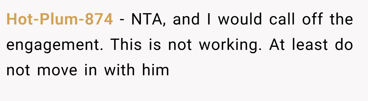 Hot-Plum-874 − NTA, and I would call off the engagement. This is not working. At least do not move in with him