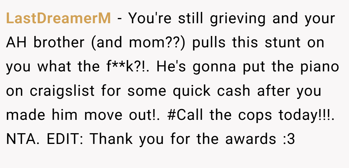 LastDreamerM − You're still grieving and your AH brother (and mom??) pulls this stunt on you what the f**k?!. He's gonna put the piano on craigslist for some quick cash after you made him move out!. #Call the cops today!!!. NTA. EDIT: Thank you for the awards :3