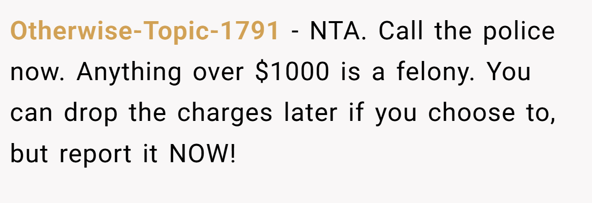 Otherwise-Topic-1791 − NTA. Call the police now. Anything over $1000 is a felony. You can drop the charges later if you choose to, but report it NOW!
