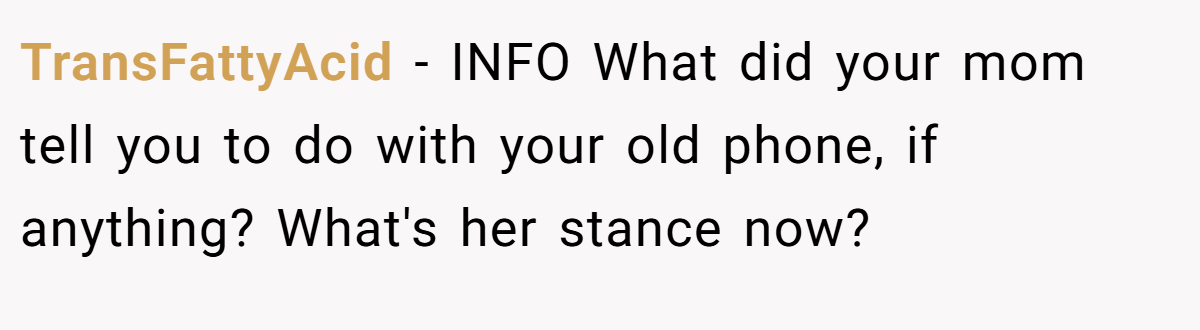 TransFattyAcid − INFO What did your mom tell you to do with your old phone, if anything? What's her stance now?