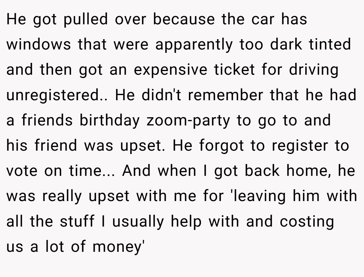 He got pulled over because the car has windows that were apparently too dark tinted and then got an expensive ticket for driving unregistered.. He didn't remember that he had a friends birthday zoom-party to go to and his friend was upset. He forgot to register to vote on time... And when I got back home, he was really upset with me for 'leaving him with all the stuff I usually help with and costing us a lot of money'