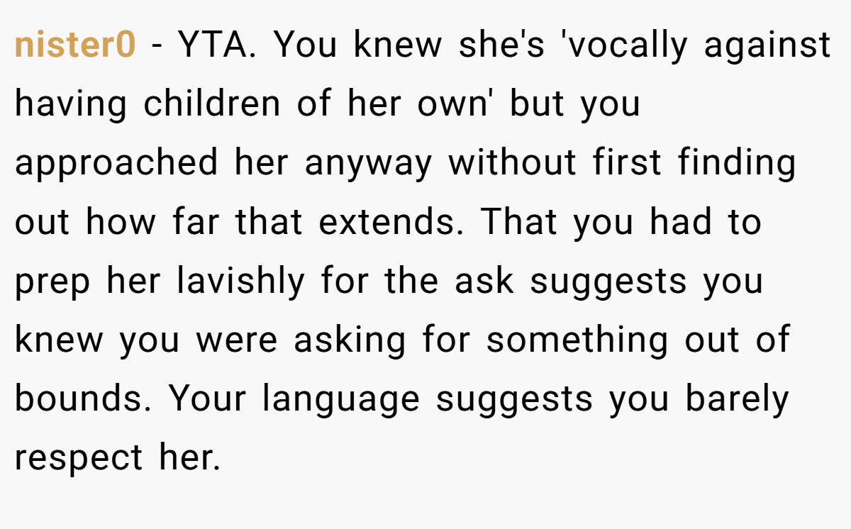 nister0 − YTA. You knew she's 'vocally against having children of her own' but you approached her anyway without first finding out how far that extends. That you had to prep her lavishly for the ask suggests you knew you were asking for something out of bounds. Your language suggests you barely respect her.