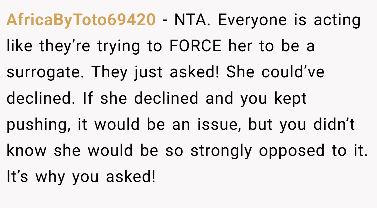 AfricaByToto69420 − NTA. Everyone is acting like they’re trying to FORCE her to be a surrogate. They just asked! She could’ve declined. If she declined and you kept pushing, it would be an issue, but you didn’t know she would be so strongly opposed to it. It’s why you asked!