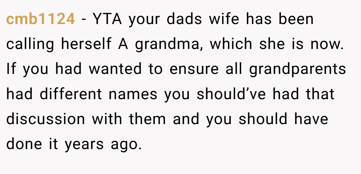 cmb1124 − YTA your dads wife has been calling herself A grandma, which she is now. If you had wanted to ensure all grandparents had different names you should’ve had that discussion with them and you should have done it years ago.