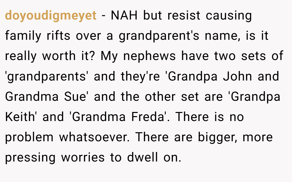 doyoudigmeyet − NAH but resist causing family rifts over a grandparent's name, is it really worth it? My nephews have two sets of 'grandparents' and they're 'Grandpa John and Grandma Sue' and the other set are 'Grandpa Keith' and 'Grandma Freda'. There is no problem whatsoever. There are bigger, more pressing worries to dwell on.