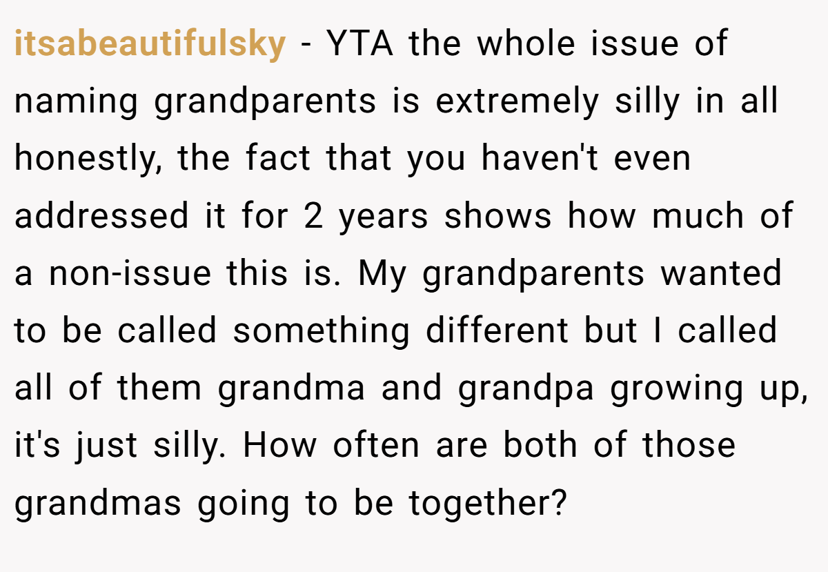 itsabeautifulsky − YTA the whole issue of naming grandparents is extremely silly in all honestly, the fact that you haven't even addressed it for 2 years shows how much of a non-issue this is. My grandparents wanted to be called something different but I called all of them grandma and grandpa growing up, it's just silly. How often are both of those grandmas going to be together?
