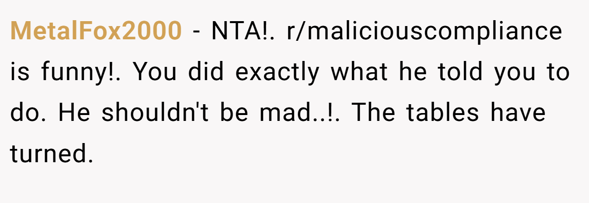 MetalFox2000 - NTA!. r/maliciouscompliance is funny!. You did exactly what he told you to do. He shouldn't be mad..!. The tables have turned.