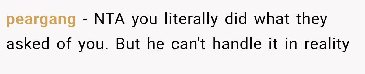 peargang - NTA you literally did what they asked of you. But he can't handle it in reality