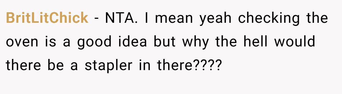 BritLitChick − NTA. I mean yeah checking the oven is a good idea but why the hell would there be a stapler in there????