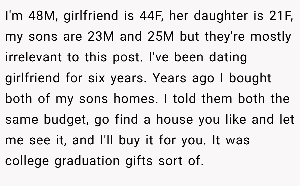 I'm 48M, girlfriend is 44F, her daughter is 21F, my sons are 23M and 25M but they're mostly irrelevant to this post. I've been dating girlfriend for six years. Years ago I bought both of my sons homes. I told them both the same budget, go find a house you like and let me see it, and I'll buy it for you. It was college graduation gifts sort of.