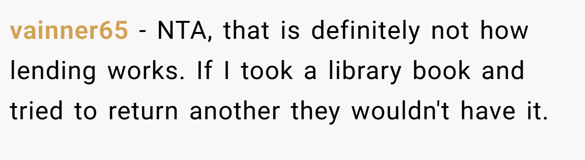 vainner65 − NTA, that is definitely not how lending works. If I took a library book and tried to return another they wouldn't have it.