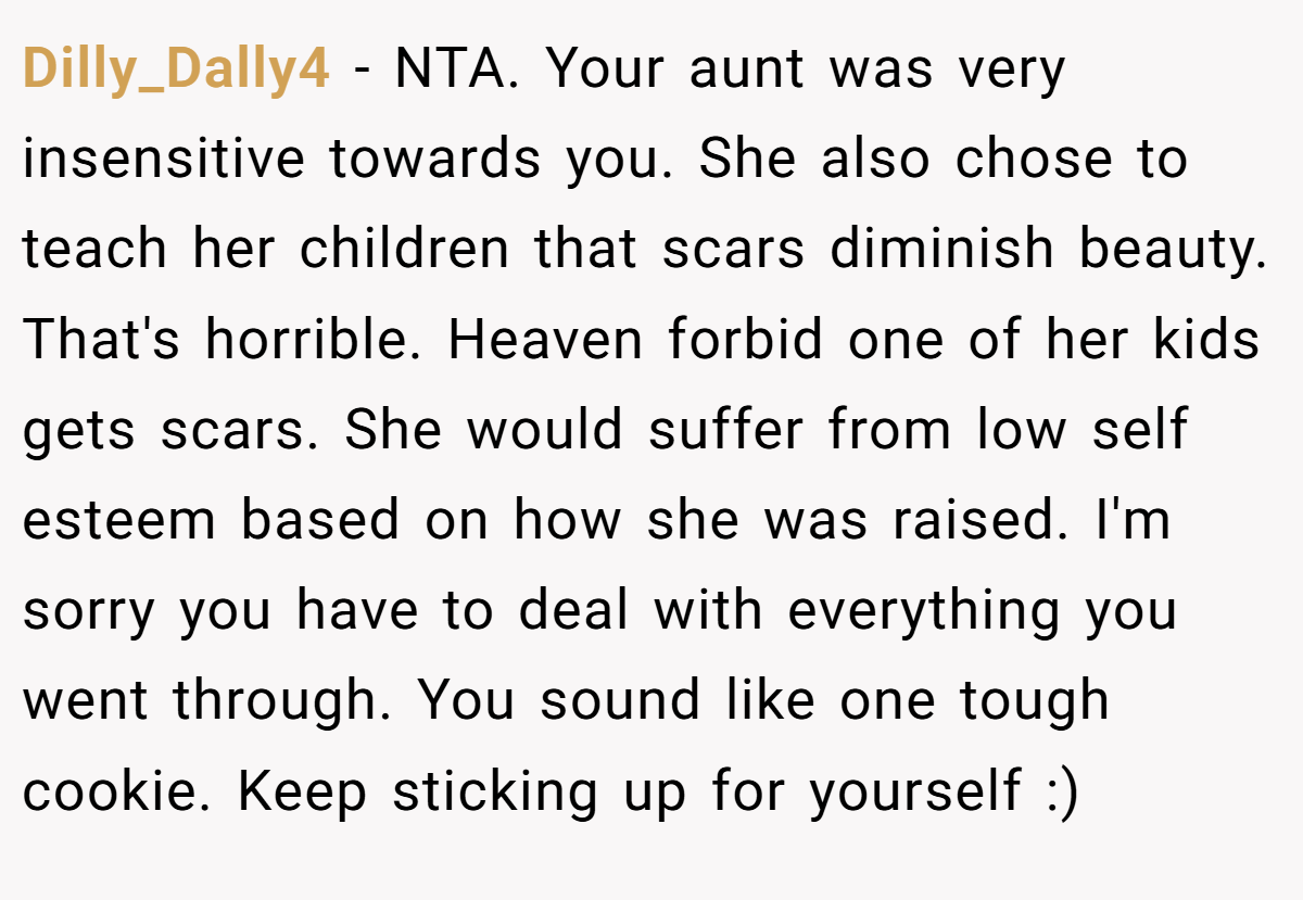 Dilly_Dally4 − NTA. Your aunt was very insensitive towards you. She also chose to teach her children that scars diminish beauty. That's horrible. Heaven forbid one of her kids gets scars. She would suffer from low self esteem based on how she was raised. I'm sorry you have to deal with everything you went through. You sound like one tough cookie. Keep sticking up for yourself :)