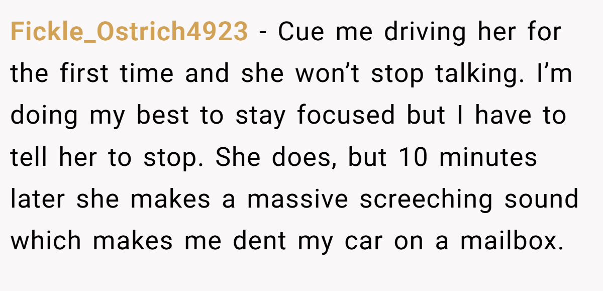 Fickle_Ostrich4923 − Cue me driving her for the first time and she won’t stop talking. I’m doing my best to stay focused but I have to tell her to stop. She does, but 10 minutes later she makes a massive screeching sound which makes me dent my car on a mailbox.
