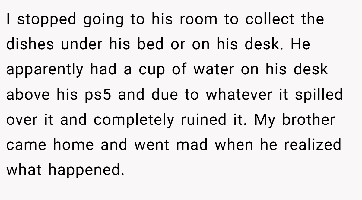 I stopped going to his room to collect the dishes under his bed or on his desk. He apparently had a cup of water on his desk above his ps5 and due to whatever it spilled over it and completely ruined it. My brother came home and went mad when he realized what happened.