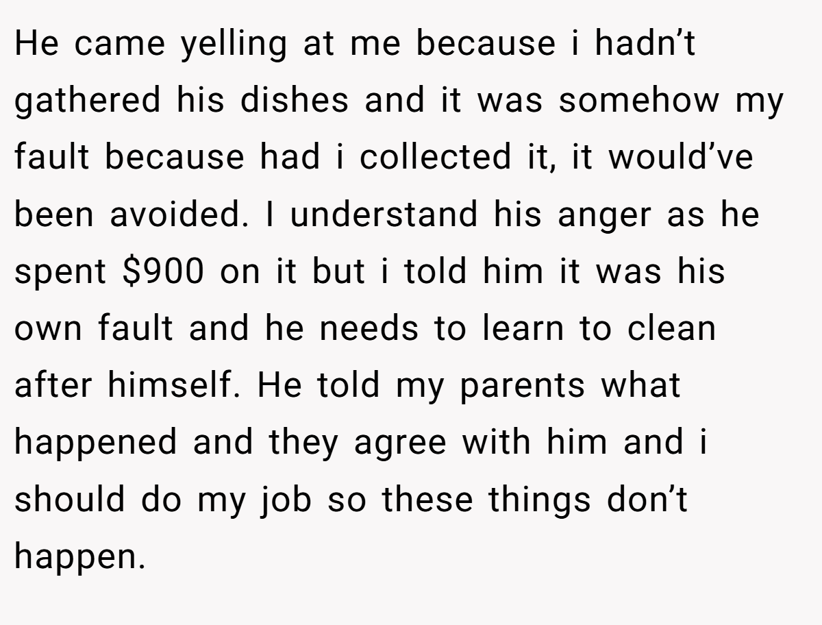He came yelling at me because i hadn’t gathered his dishes and it was somehow my fault because had i collected it, it would’ve been avoided. I understand his anger as he spent $900 on it but i told him it was his own fault and he needs to learn to clean after himself. He told my parents what happened and they agree with him and i should do my job so these things don’t happen.