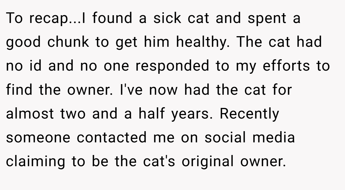 To recap...I found a sick cat and spent a good chunk to get him healthy. The cat had no id and no one responded to my efforts to find the owner. I've now had the cat for almost two and a half years. Recently someone contacted me on social media claiming to be the cat's original owner.