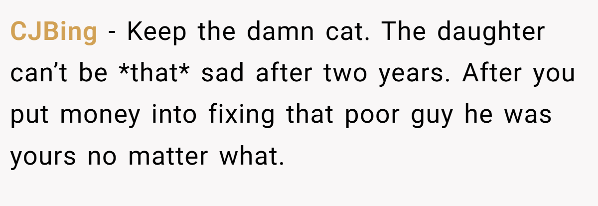 CJBing - Keep the damn cat. The daughter can’t be *that* sad after two years. After you put money into fixing that poor guy he was yours no matter what.