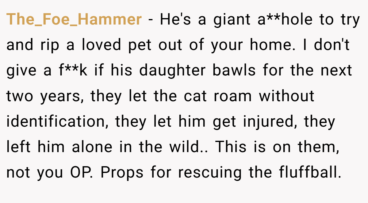 The_Foe_Hammer - He's a giant a**hole to try and rip a loved pet out of your home. I don't give a f**k if his daughter bawls for the next two years, they let the cat roam without identification, they let him get injured, they left him alone in the wild.. This is on them, not you OP. Props for rescuing the fluffball.