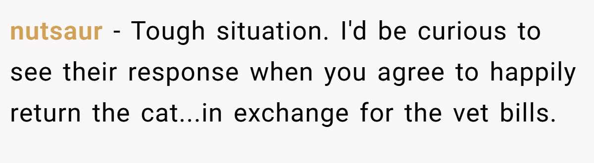 nutsaur - Tough situation. I'd be curious to see their response when you agree to happily return the cat...in exchange for the vet bills.