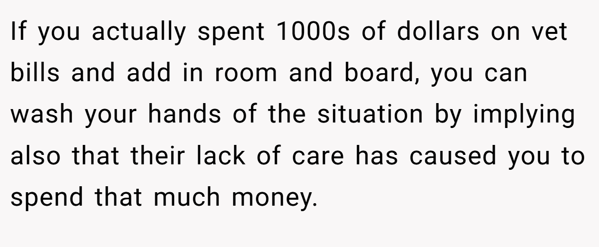 If you actually spent 1000s of dollars on vet bills and add in room and board, you can wash your hands of the situation by implying also that their lack of care has caused you to spend that much money.