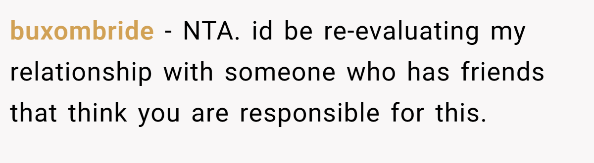 buxombride − NTA. id be re-evaluating my relationship with someone who has friends that think you are responsible for this.