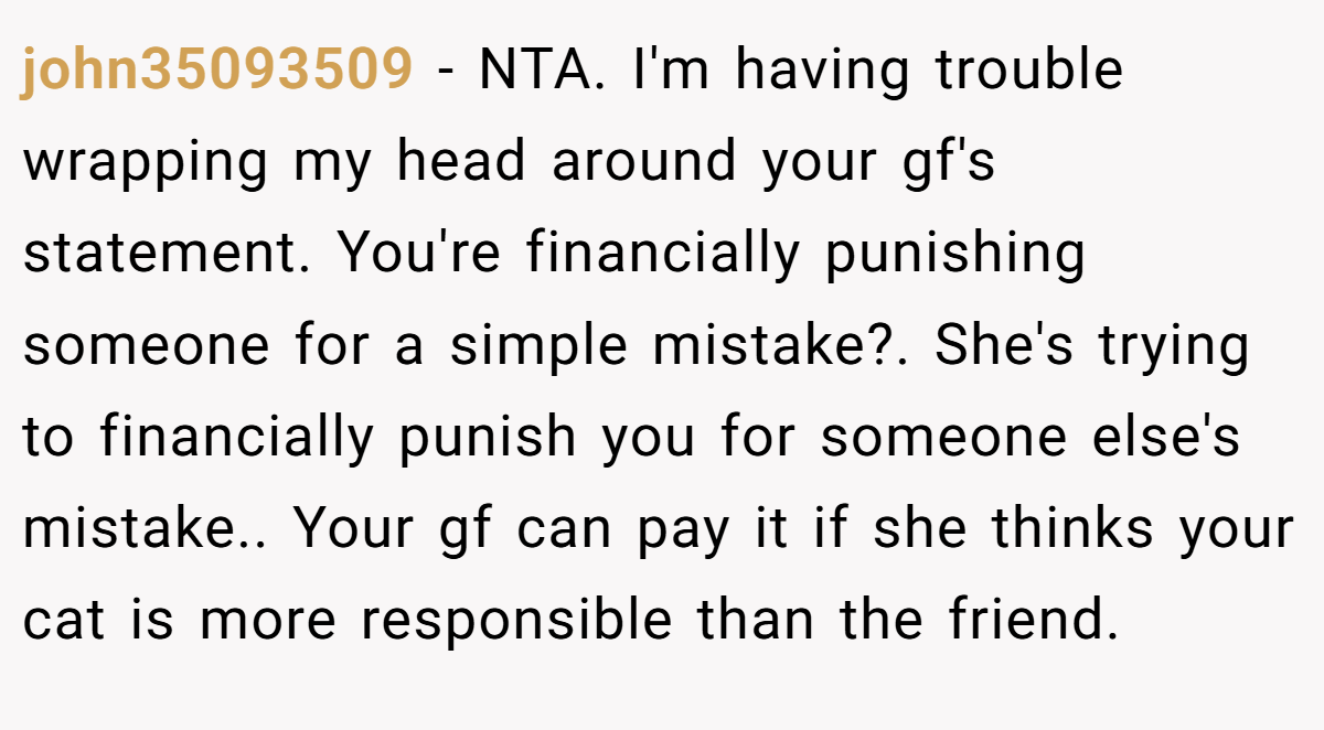 john35093509 − NTA. I'm having trouble wrapping my head around your gf's statement. You're financially punishing someone for a simple mistake?. She's trying to financially punish you for someone else's mistake.. Your gf can pay it if she thinks your cat is more responsible than the friend.