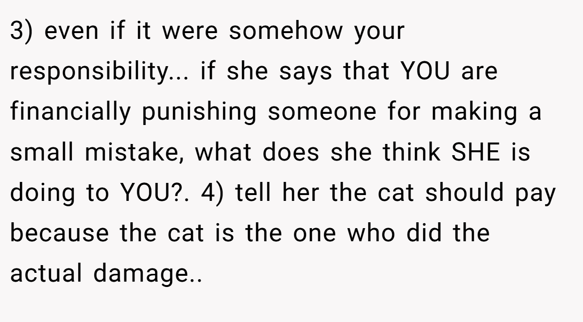 3) even if it were somehow your responsibility... if she says that YOU are financially punishing someone for making a small mistake, what does she think SHE is doing to YOU?. 4) tell her the cat should pay because the cat is the one who did the actual damage..