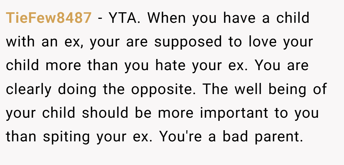 TieFew8487 − YTA. When you have a child with an ex, your are supposed to love your child more than you hate your ex. You are clearly doing the opposite. The well being of your child should be more important to you than spiting your ex. You're a bad parent.
