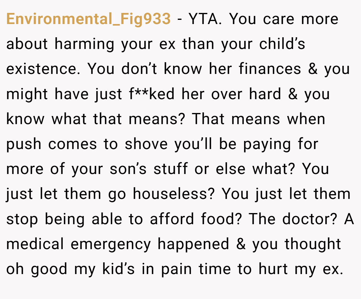Environmental_Fig933 − YTA. You care more about harming your ex than your child’s existence. You don’t know her finances & you might have just f**ked her over hard & you know what that means? That means when push comes to shove you’ll be paying for more of your son’s stuff or else what? You just let them go houseless? You just let them stop being able to afford food? The doctor? A medical emergency happened & you thought oh good my kid’s in pain time to hurt my ex.