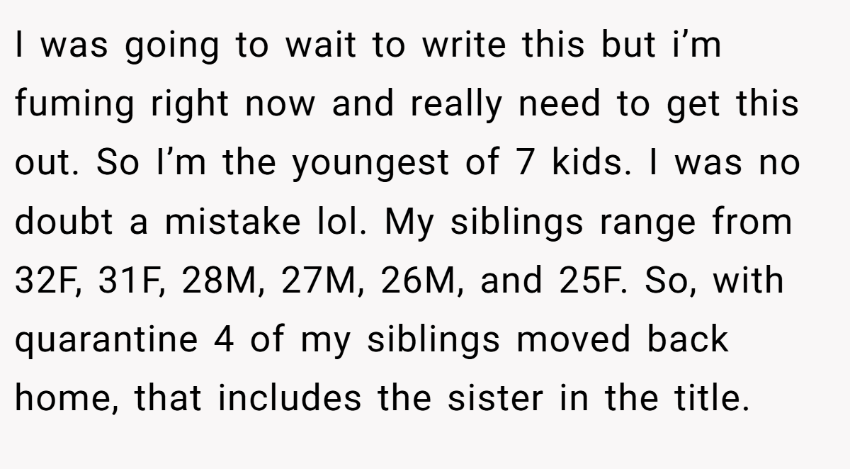 I was going to wait to write this but i’m fuming right now and really need to get this out. So I’m the youngest of 7 kids. I was no doubt a mistake lol. My siblings range from 32F, 31F, 28M, 27M, 26M, and 25F. So, with quarantine 4 of my siblings moved back home, that includes the sister in the title.