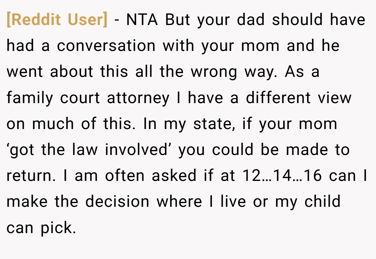 [Reddit User] - NTA But your dad should have had a conversation with your mom and he went about this all the wrong way. As a family court attorney I have a different view on much of this. In my state, if your mom ‘got the law involved’ you could be made to return. I am often asked if at 12…14…16 can I make the decision where I live or my child can pick.