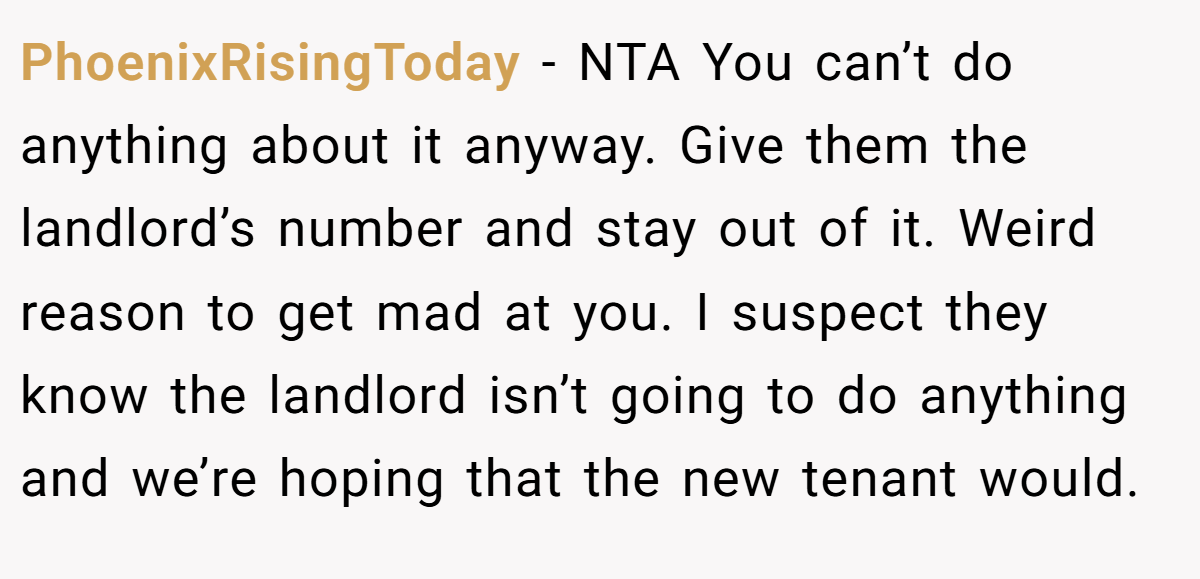 PhoenixRisingToday − NTA You can’t do anything about it anyway. Give them the landlord’s number and stay out of it. Weird reason to get mad at you. I suspect they know the landlord isn’t going to do anything and we’re hoping that the new tenant would.