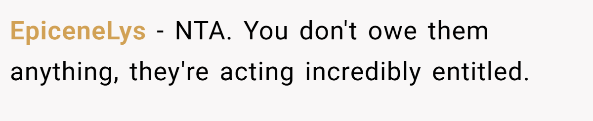 EpiceneLys − NTA. You don't owe them anything, they're acting incredibly entitled.