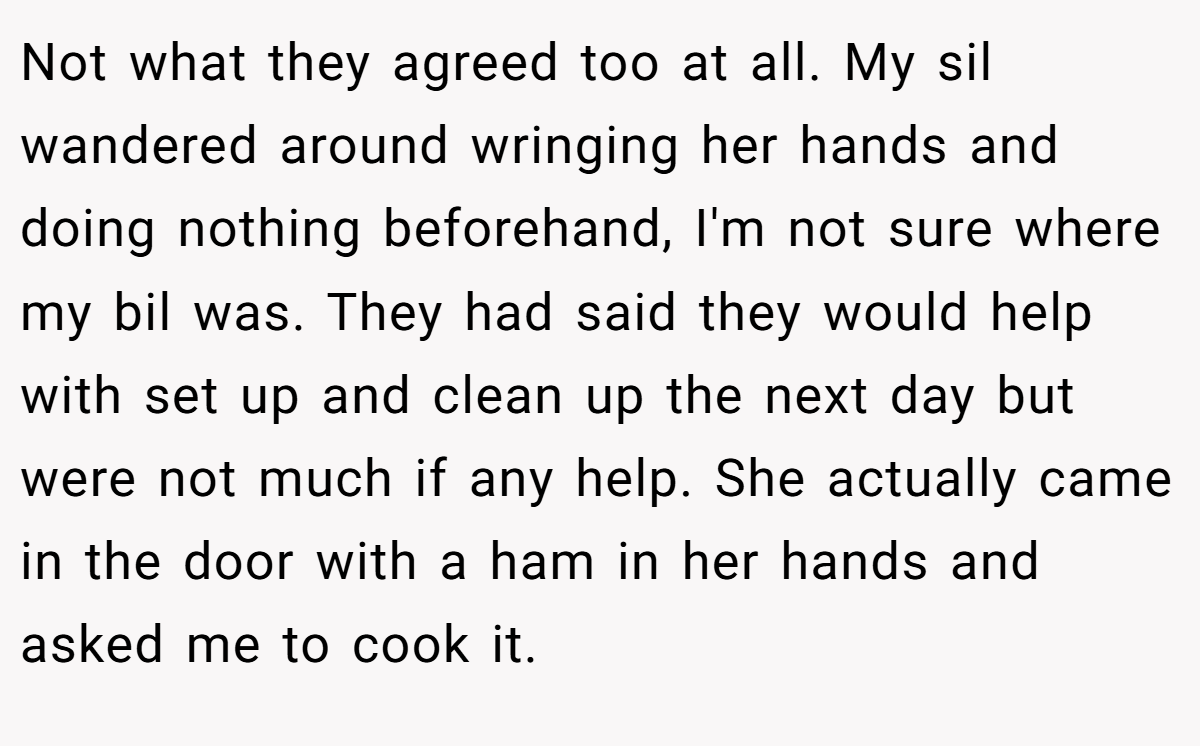 Not what they agreed too at all. My sil wandered around wringing her hands and doing nothing beforehand, I'm not sure where my bil was. They had said they would help with set up and clean up the next day but were not much if any help. She actually came in the door with a ham in her hands and asked me to cook it.