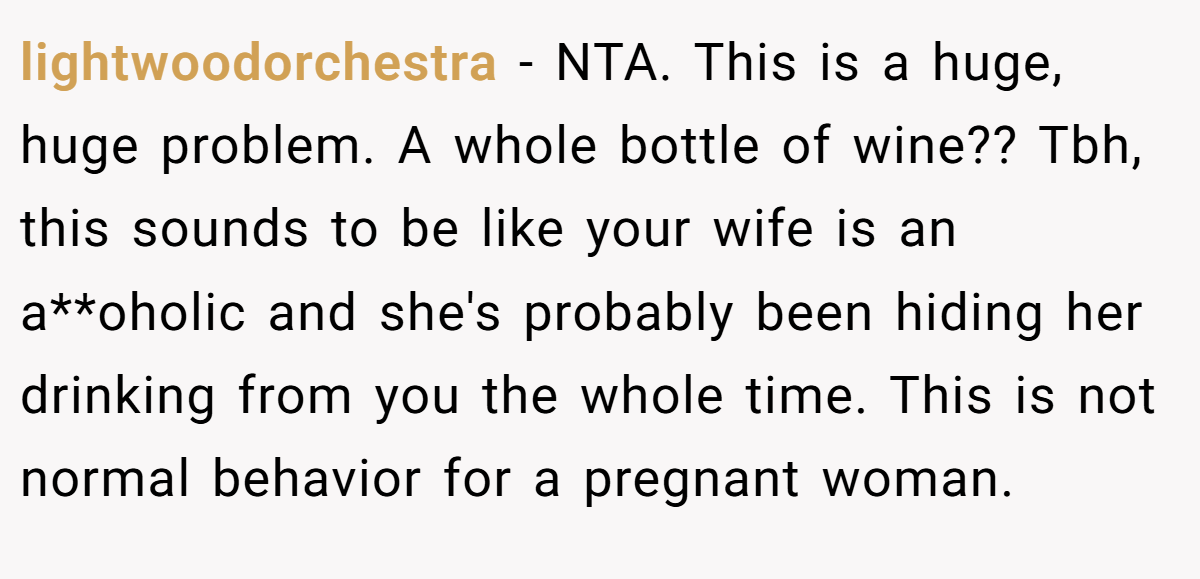 lightwoodorchestra − NTA. This is a huge, huge problem. A whole bottle of wine?? Tbh, this sounds to be like your wife is an a**oholic and she's probably been hiding her drinking from you the whole time. This is not normal behavior for a pregnant woman.
