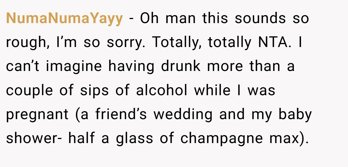NumaNumaYayy − Oh man this sounds so rough, I’m so sorry. Totally, totally NTA. I can’t imagine having drunk more than a couple of sips of alcohol while I was pregnant (a friend’s wedding and my baby shower- half a glass of champagne max).