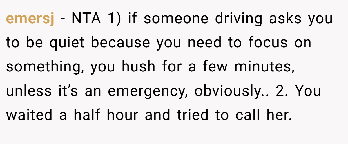 emersj − NTA 1) if someone driving asks you to be quiet because you need to focus on something, you hush for a few minutes, unless it’s an emergency, obviously.. 2. You waited a half hour and tried to call her.
