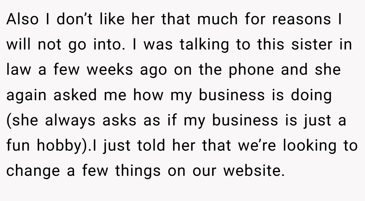 Also I don’t like her that much for reasons I will not go into. I was talking to this sister in law a few weeks ago on the phone and she again asked me how my business is doing (she always asks as if my business is just a fun hobby).I just told her that we’re looking to change a few things on our website.