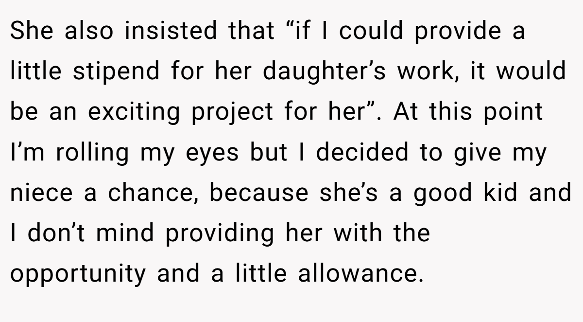 She also insisted that “if I could provide a little stipend for her daughter’s work, it would be an exciting project for her”. At this point I’m rolling my eyes but I decided to give my niece a chance, because she’s a good kid and I don’t mind providing her with the opportunity and a little allowance.
