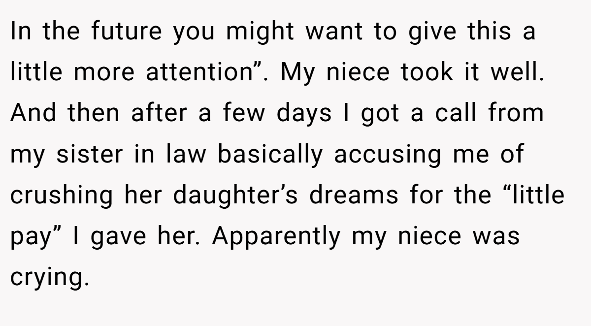 In the future you might want to give this a little more attention”. My niece took it well. And then after a few days I got a call from my sister in law basically accusing me of crushing her daughter’s dreams for the “little pay” I gave her. Apparently my niece was crying.