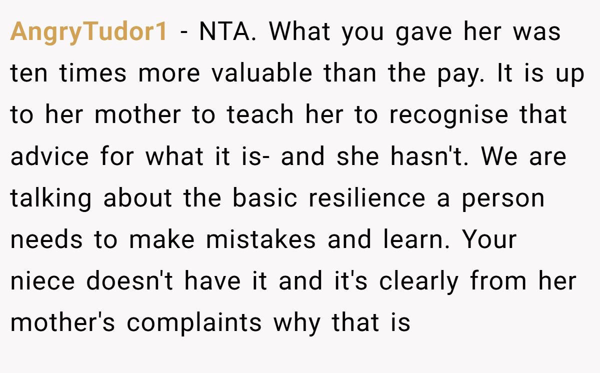 AngryTudor1 − NTA. What you gave her was ten times more valuable than the pay. It is up to her mother to teach her to recognise that advice for what it is- and she hasn't. We are talking about the basic resilience a person needs to make mistakes and learn. Your niece doesn't have it and it's clearly from her mother's complaints why that is